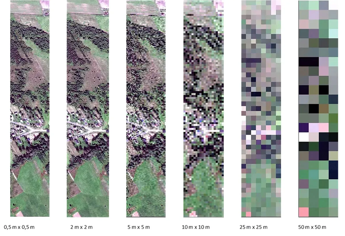 The same landscape imaged at six ground sample distances, from 0.5 m to 50 m. Roads, buildings and treelines are legible at 0.5 m and 2 m, break down by 10 m, and are gone entirely at 50 m.